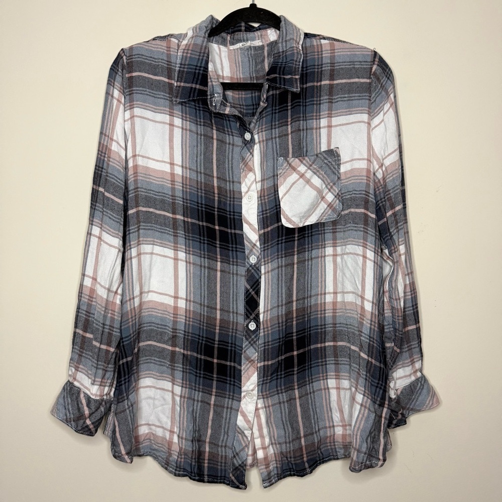 BEACH LUNCH LOUNGE Boho Plaid Boyfriend Oversized Longsleeve Buttondown Top